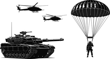 Black silhouettes of military tank and aircraft with parachutist helicopter parachute 1 © Moksedul