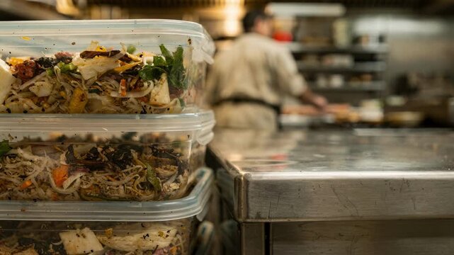 Focused view of compost containers stacked neatly near a stainless steel prep table blurred staff working in the restaurant kitchen background.