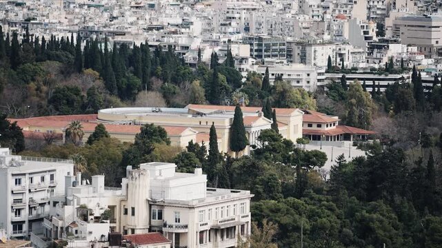 Aerial panoramic view of Zappeion hall surrounded by the vibrant cityscape of Athens