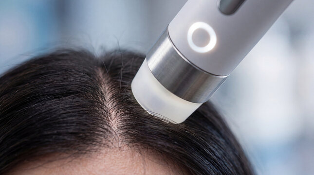 Digital trichoscope examining scalp and hair follicles in dermatology clinic