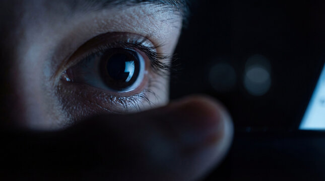 Glowing smartphone screen reflecting in human eye doomscrolling night