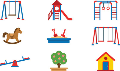 Colorful playground equipment icon illustration set featuring swings, slides, monkey bars, seesaw, sandbox, rocking horse, creative children’s design collection. © sohag babu 