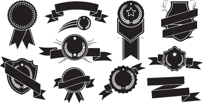 black silhouette premium ribbon badge set vector illustration