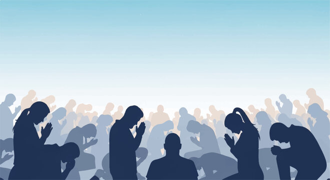 People in a crowd praying or meditating in various poses with hands clasped or on faces in a serene blue and white background