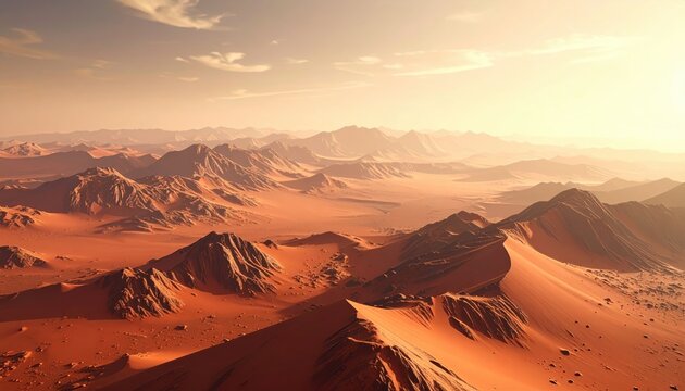 Vast Martian Landscape Under a Hazy Orange Sky.