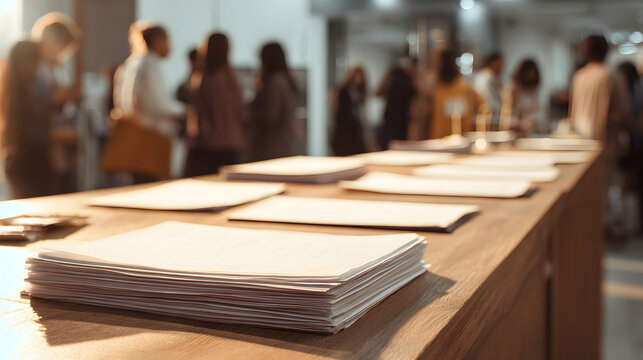 Stack of paper on wooden table in community center with blurred people mingling and soft warm light