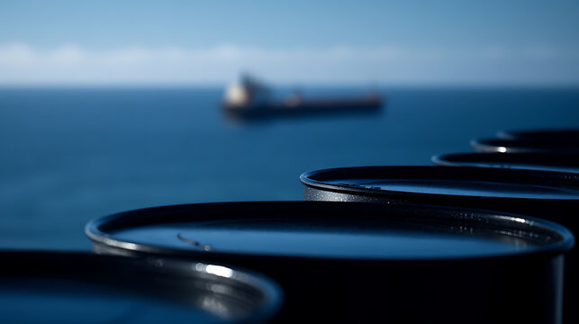 Industrial barrels in foreground with blurred cargo ship near horizon, vast ocean expanse, concept of global trade, resource transport, maritime logistics