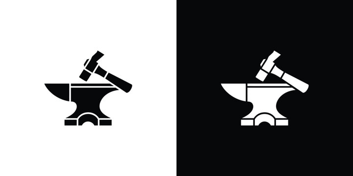 Black and white anvil with hammer on contrasting backgrounds