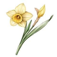 Obraz premium Daffodil Branch, watercolor painting capturing graceful lines and soft blended shades, isolated on a white background.