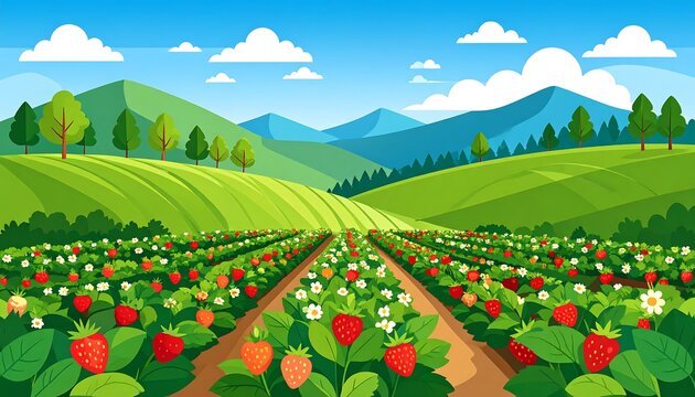 Vast Strawberry Field Under a Bright Blue Sky with Rolling Green Hills.