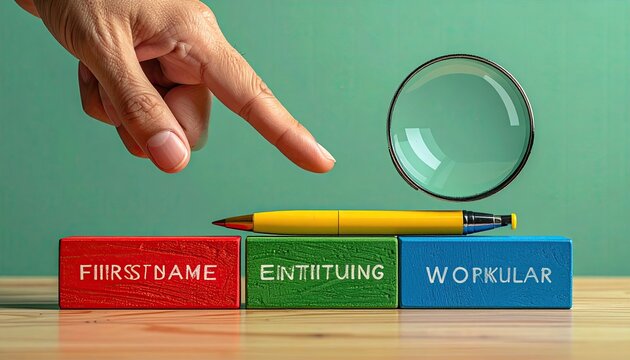 Hand pointing at blocks with misspelled words; magnifying glass at right