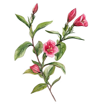 Cuphea Branch, watercolor illustration featuring playful movement and lively expressions, isolated on a white background.