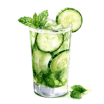 watercolor of Cucumber Mint Cooler illustration graphic, isolated on a white background.