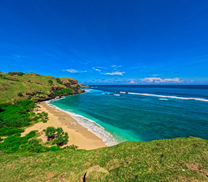 View from Bukit Merese Hill overlooking Tanjung Aan Bay in South Lombok