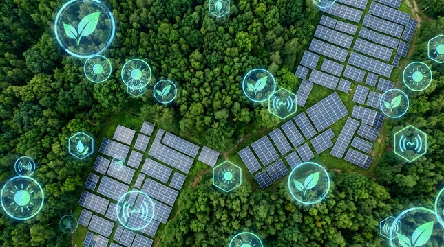 Aerial view of solar panels integrated into a lush forest overlaid with glowing digital icons for clean energy and technology