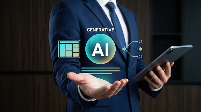 Businessman in a blue suit holding a tablet with a generative AI icon showcasing advanced technology and innovation in a modern office setting ideal for business and tech concepts