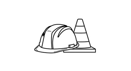 Fototapeta premium Construction Safety Hard Hat and Traffic Cone Line Art Illustration Icon
