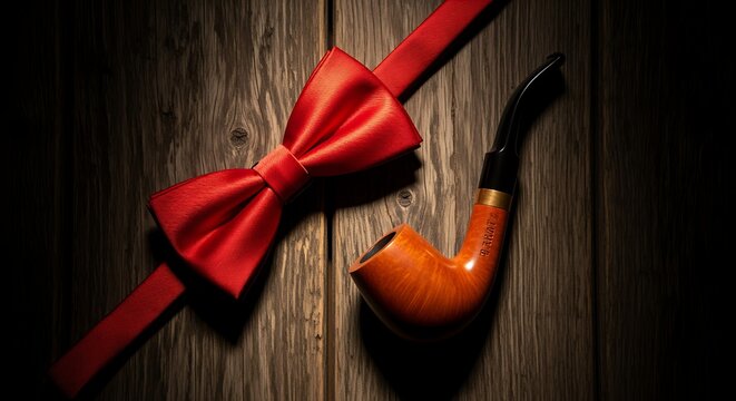 Red bow tie and wooden smoking pipe on wood