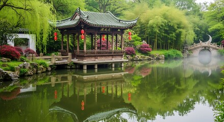 Naklejka premium Serene Chinese Garden Pavilion Reflecting on Tranquil Waters.