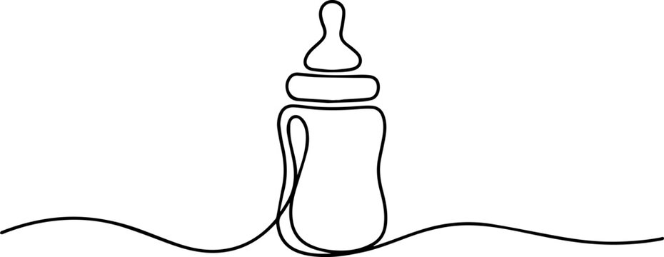 baby bottle continuous one line drawing, continuous line of baby pacifiers. one line drawing of baby pacifiers isolated white background. Continuous editable line drawing of baby bottle. Baby milk
