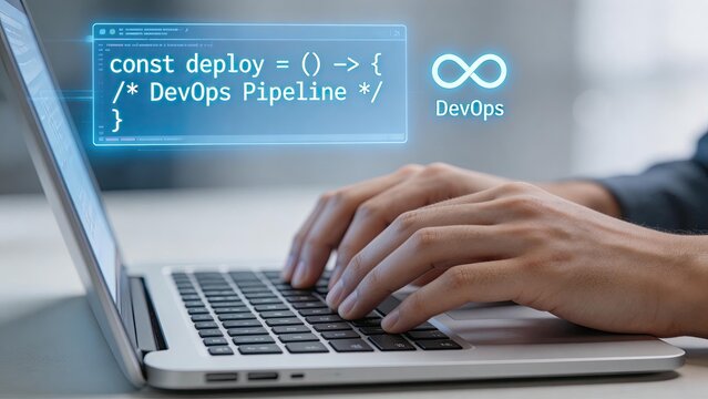 DevOps pipeline code on laptop screen software developer typing keyboard cloud computing concept continuous integration deployment automation IT infrastructure coding programming technology