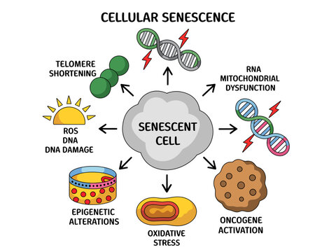 Cellular senescence process with DNA damage and telomere shortening factors