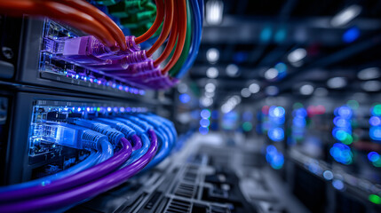 Naklejka premium Detailed close-up of fiber optic cables inserted into a network switch, colored cables grouped together, light signals faintly visible inside transparent sections, simple indoor li