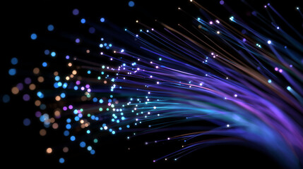 Obraz premium Close-up of a colorful fiber optic bundle, strands fanning out slightly at the ends, glowing softly, highlighting the efficiency of modern data transfer and communication infrastru
