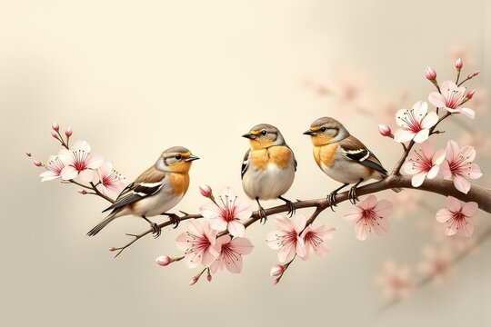 Ai tre passeri su di un ramo di ciliegio in fiore 01