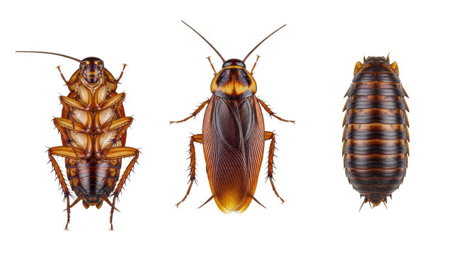 extreme macro photograph showcasing three cockroach life cycle stages, including a dead segmented specimen, a live adult with pronotal streaks, and a dark ootheca, technical entomology display