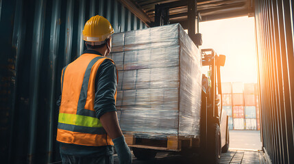 Industrial worker in protective gear observes forklift operate inside shipping container, loading palletized goods for global logistics and transport