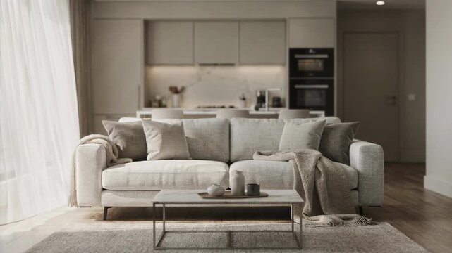 Modern studio serviced apartment living space featuring a cozy lounge area with plush sofa and blurred kitchenette in the background for seamless extended stays