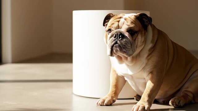 Cute Bulldog Sitting Indoors with Natural Light Minimal Background