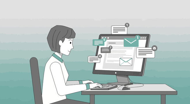 Young professional girl overwhelmed with email overload managing digital communication