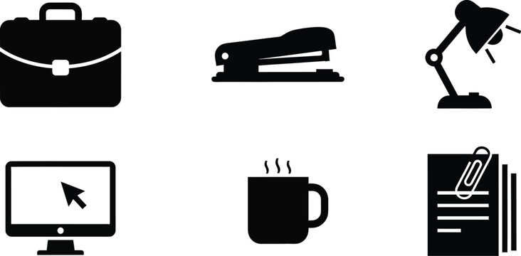 Collection of six modern fashion apparel silhouettes, black vector icons of shirts, jackets, and dresses isolated on white.