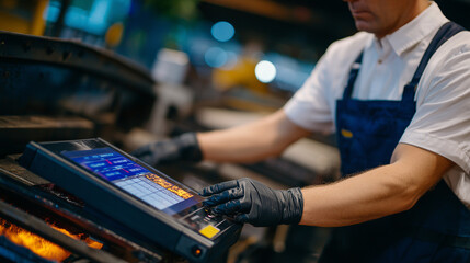 Fototapeta premium Close-up of a technician monitoring a pyrometer while carbon steel blades heat inside an oven, digital display clearly visible, controlled environment highlighting precision in cus