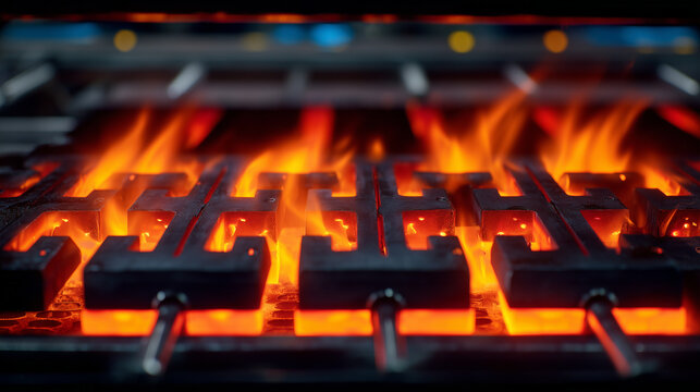 Macro view of carbon steel blades undergoing heat treatment in oven, pyrometer display showing critical hardening temperature, warm glow reflecting on metal surfaces, emphasizing p