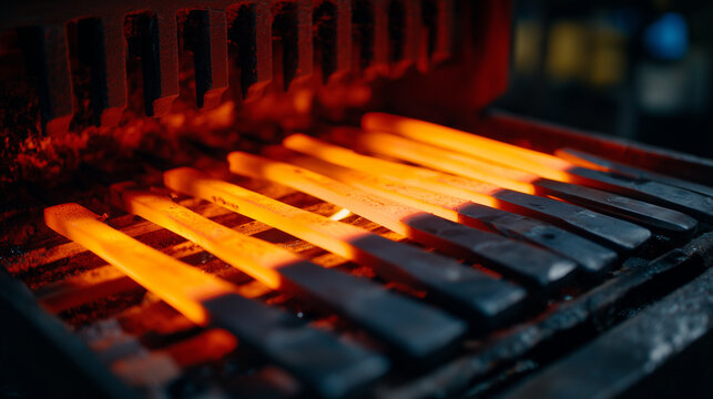 Close-up of carbon steel knife blanks arranged on a rack inside a temperature-controlled furnace, soft glow visible, pyrometer reading displayed clearly, showing precision hardenin