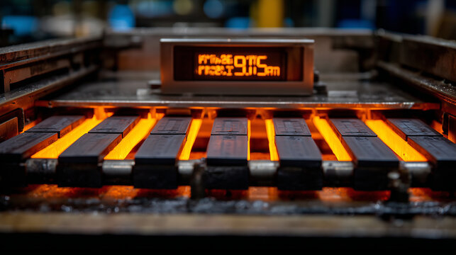 Close-up of carbon steel knife blanks arranged on a rack inside a temperature-controlled furnace, soft glow visible, pyrometer reading displayed clearly, showing precision hardenin