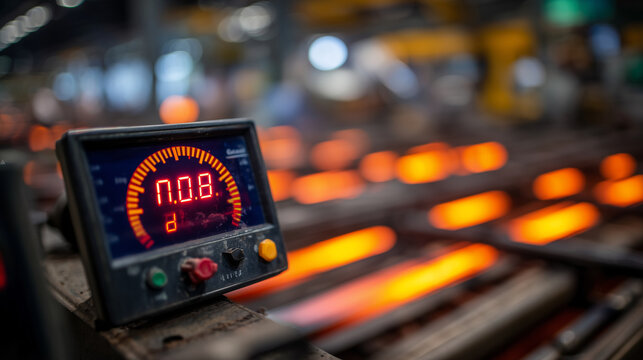 Macro perspective of a pyrometer screen in focus, showing high temperature, with blurred background of carbon steel blades heating in oven, emphasizing measurement and control in b
