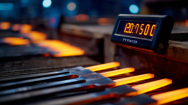 Close-up of carbon steel knife blanks arranged on a rack inside a temperature-controlled furnace, soft glow visible, pyrometer reading displayed clearly, showing precision hardenin