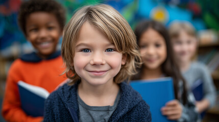 Obraz premium Close-up of a group of children holding books and looking at the camera, diverse ages and ethnicities, colorful library interior with vibrant wall murals, promoting reading awarene