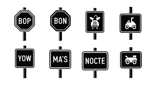 Collection of black and white road signs with varying symbols and text