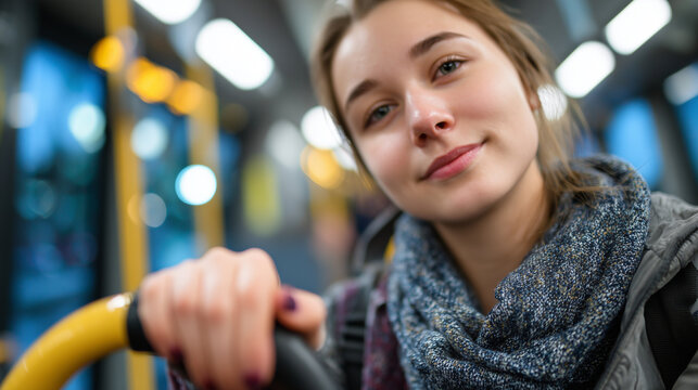 Close-up of a young adult holding onto a handrail in a subway, using priority seat, calm expression, urban public transport interior, highlighting invisible disability and accessib