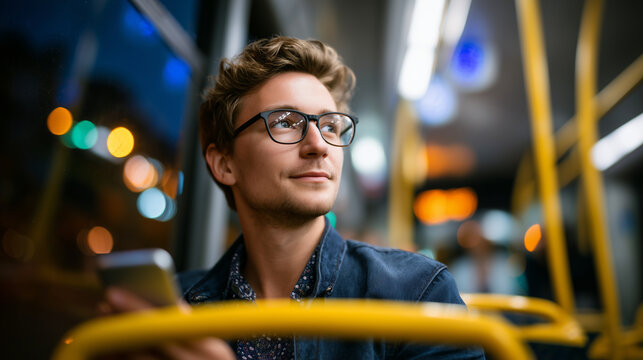 Perspective view of a young commuter using priority seating in a bus, holding a smartphone, appearing normal but relying on designated support, bright interior, emphasizing hidden