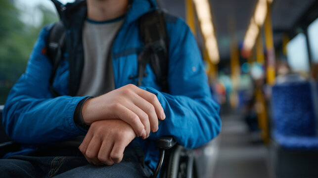 Close-up of hands gripping a backpack while sitting in priority seating, young person&acirc;s face calm, no outward signs of condition, urban public transport environment, supporting inv