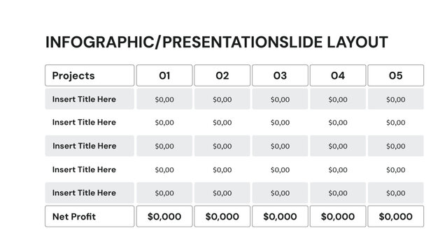 Financial project table displaying net profit data for five categories