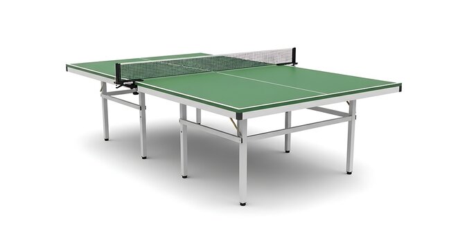 A full-sized green ping pong table with a white net and sturdy white legs is ready for a game.
