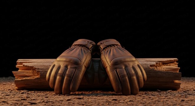 Vintage leather gloves on wooden logs.