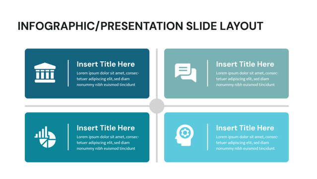 Infographic presentation slide layout with four rectangular sections and icons
